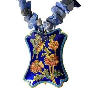 Vintage 70s Lapis Lazuli Necklace w/ Cloisonne Butterfly Pendant 15” Hand-Beaded